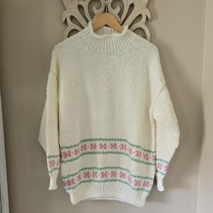 Cozy White Floral Knit Turtleneck Sweater